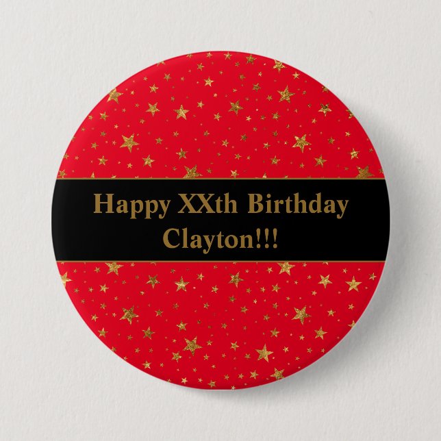 Custom Gold Stars With Message On Red Birthday Button (Front)