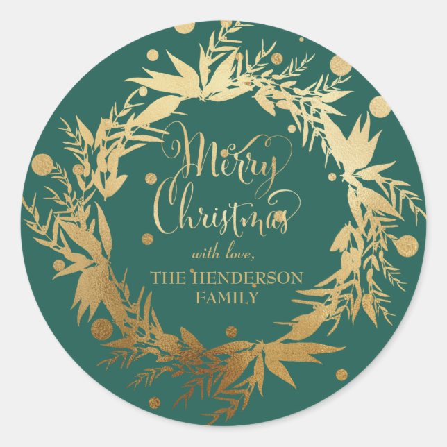 Custom Gold Teal Green Christmas Eucalyptus Wreath Classic Round Sticker (Front)