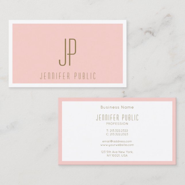Custom Gold Text Blush Pink Modern Monogram Business Card (Front/Back)