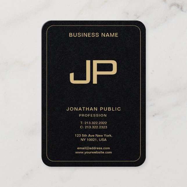 Custom Gold Text Monogram Initial Premium Black Business Card (Front)