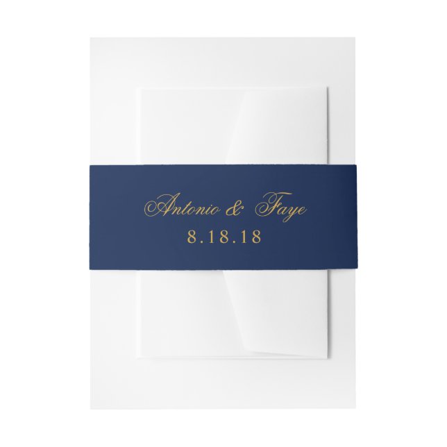 Custom Gold Text on Navy Blue Invitation Belly Band (Front Example)