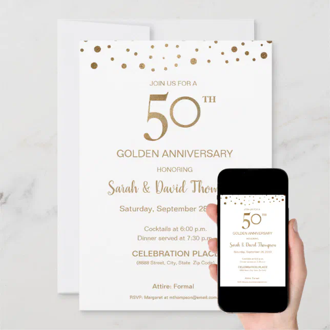 Custom Gold white 50th Wedding Anniversary Invitation | Zazzle