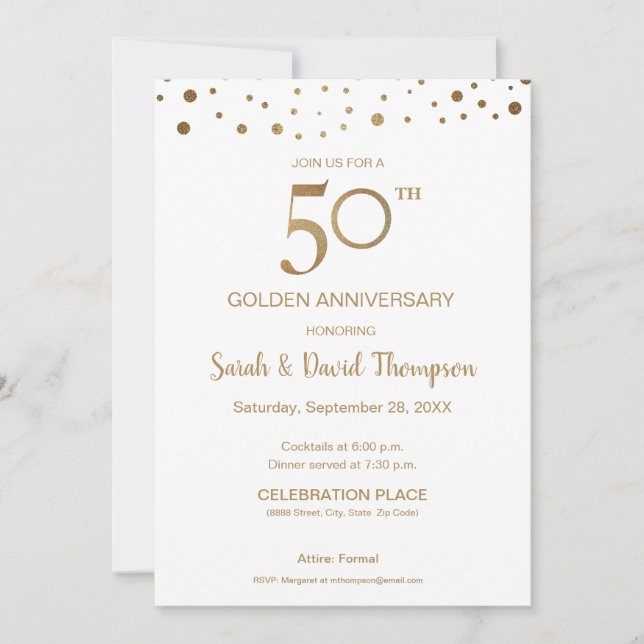 Custom Gold white 50th Wedding Anniversary Invitation (Front)
