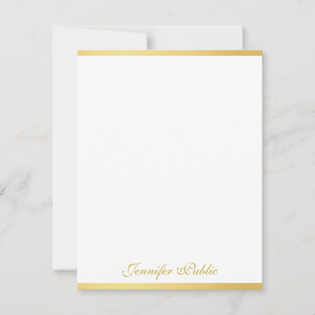 Custom Gold White Handwriting Script Name Vertical Note Card (Front)