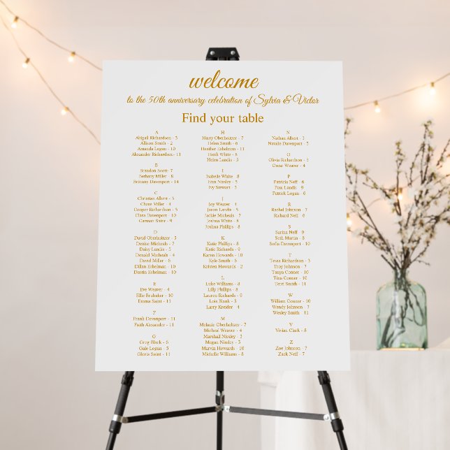 Custom Golden 50th Anniversary Party Seating Chart Foam Board (In Situ (Stand))