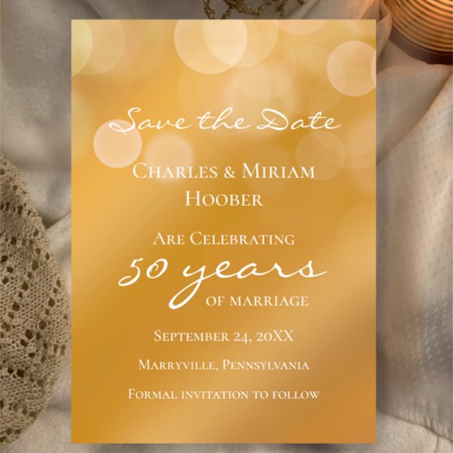 Custom Golden 50th Wedding Anniversary Party Save The Date (Customize this template to create a beautiful golden save the date 50th anniversary party card

)
