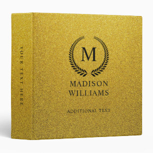 Custom Golden Black and Gold Glitter Monogram 3 Ring Binder