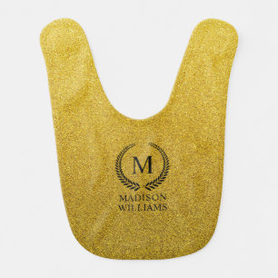 Custom Golden Black and Gold Glitter Monogram Baby Bib