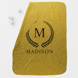 Custom Golden Black and Gold Glitter Monogram Baby Blanket