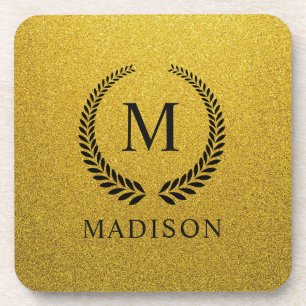 Custom Golden Black and Gold Glitter Monogram Beverage Coaster