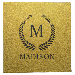 Custom Golden Black and Gold Glitter Monogram Cloth Napkin