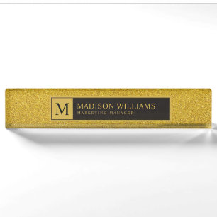 Custom Golden Black and Gold Glitter Monogram Desk Name Plate