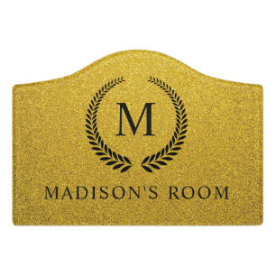 Custom Golden Black and Gold Glitter Monogram Door Sign