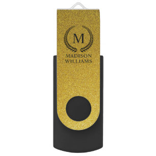 Custom Golden Black and Gold Glitter Monogram Flash Drive