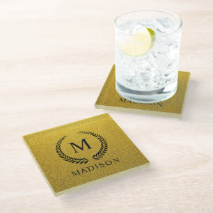 Custom Golden Black and Gold Glitter Monogram Glass Coaster