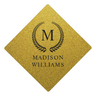 Custom Golden Black and Gold Glitter Monogram Graduation Cap Topper