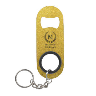 Custom Golden Black and Gold Glitter Monogram Keychain Bottle Opener