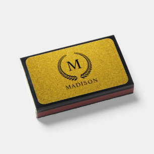 Custom Golden Black and Gold Glitter Monogram Matchboxes