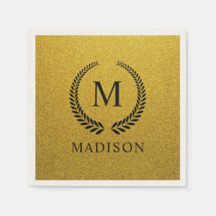 Custom Golden Black and Gold Glitter Monogram Napkins