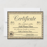 Custom Golden Gift Certificate for Invitations
