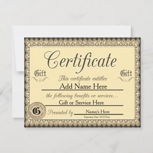 Custom Golden Gift Certificate for Invitations