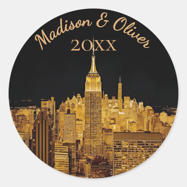 Custom Golden Night Skyline wedding  Classic Round Sticker (Front)
