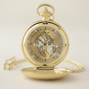 Custom golden pocket clock with fish watch