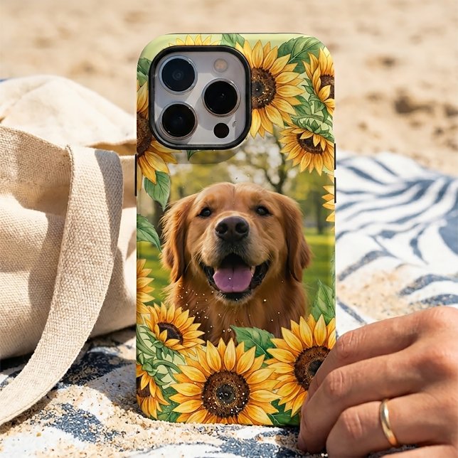 Custom Golden Retriever Photo Sunflower Frame iPhone Case (Creator Uploaded)
