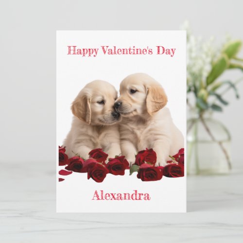 Custom Golden Retriever Puppies Kissing Valentine Holiday Card
