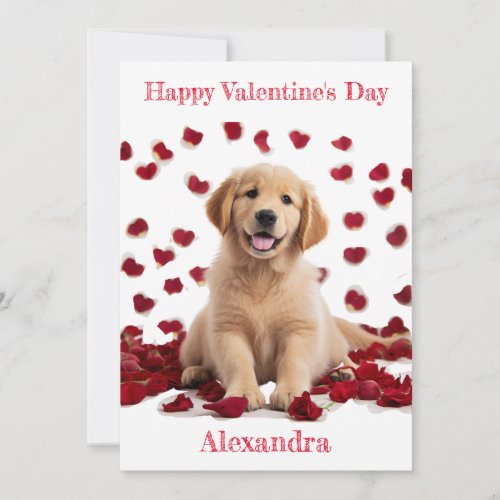Custom Golden Retriever Puppy Rose Petal Valentine Holiday Card