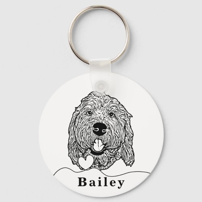 Custom Goldendoodle Dog Personalized Drawing Keychain (Front)