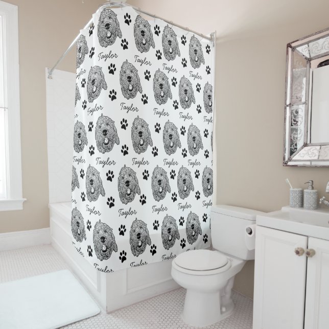 Custom Goldendoodle Dog Personalized Drawing Shower Curtain (In Situ)