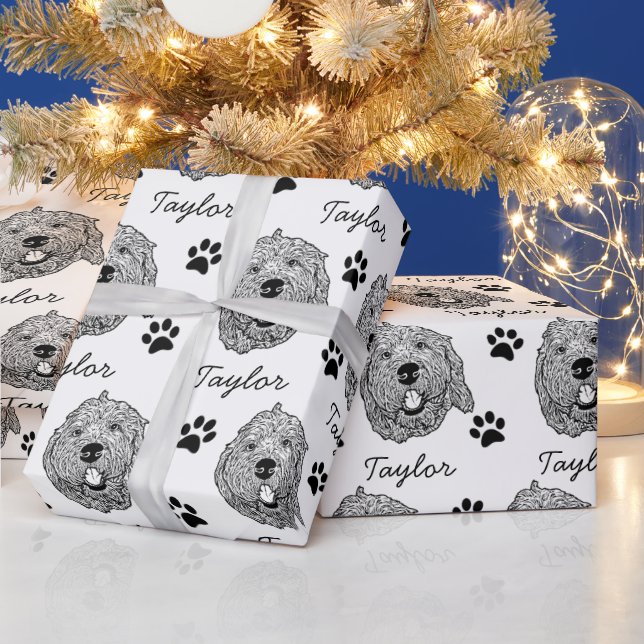 Custom Goldendoodle Dog Personalized Drawing Wrapping Paper (Holidays)