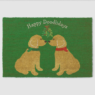 Custom Goldendoodles Kissing Under Mistletoe Green Fiber Doormat