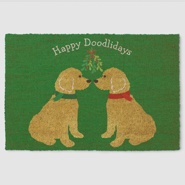 Custom Goldendoodles Kissing Under Mistletoe Green Fiber Doormat (Front)