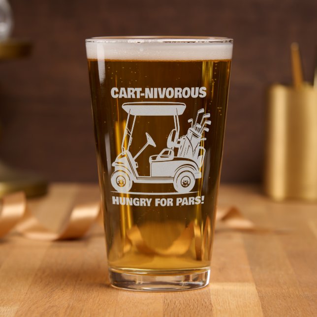 Custom Golf Cart Hungry For Pars Gift Etched Pint Glass (Party)