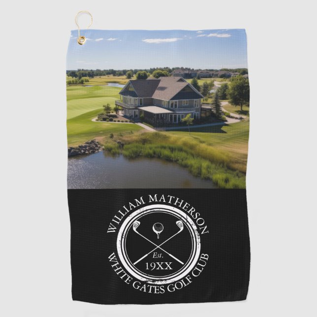 Custom Golf Club Name And Photo Black And White Golf Towel (Front)