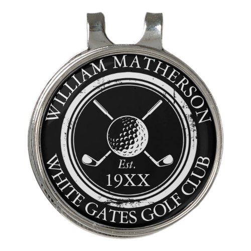 Custom Golf Club Name Established Black And White Golf Hat Clip