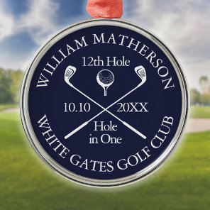 Custom Golf Hole in One Award Navy Blue Metal Ornament