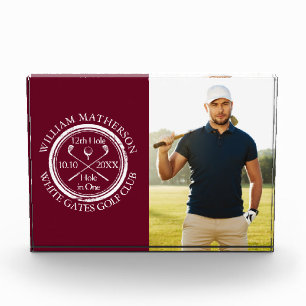 Custom Golf Hole in One Burgundy Golfer Photo Acrylic Award