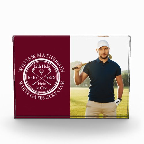 Custom Golf Hole in One Burgundy Golfer Photo Acrylic Award