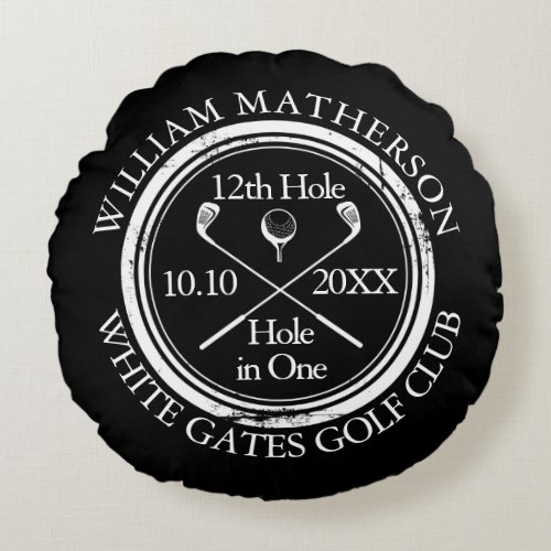 Custom Golf Hole in One Photo Black And White Round Pillow