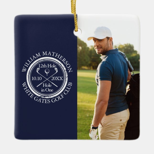 Custom Golf Hole in One Photo Golfer Navy Blue Ceramic Ornament (Front)