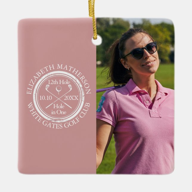 Custom Golf Hole in One Photo Golfer Pink Ceramic Ornament (Front)