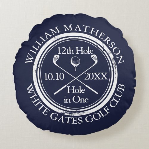 Custom Golf Hole in One Photo Navy Blue Round Pillow