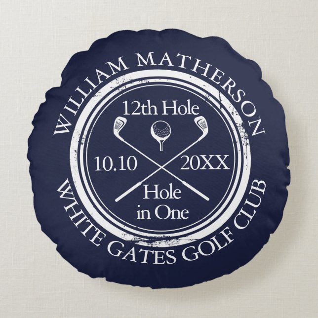Custom Golf Hole in One Photo Navy Blue Round Pillow (Front)