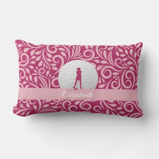 Custom Golf Lady Golfer Silhouette Pink Monogram Lumbar Pillow (Front)
