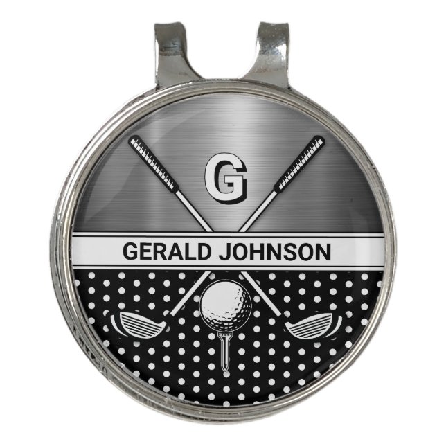 Custom Golf Monogram Black and Silver Hat Clip (Front)