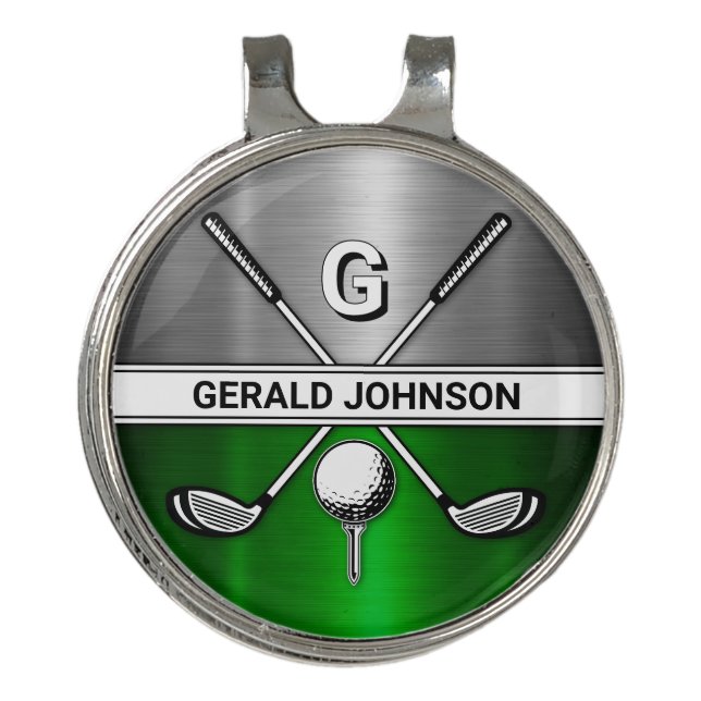 Custom Golf Monogram Black and Silver Hat Clip (Front)