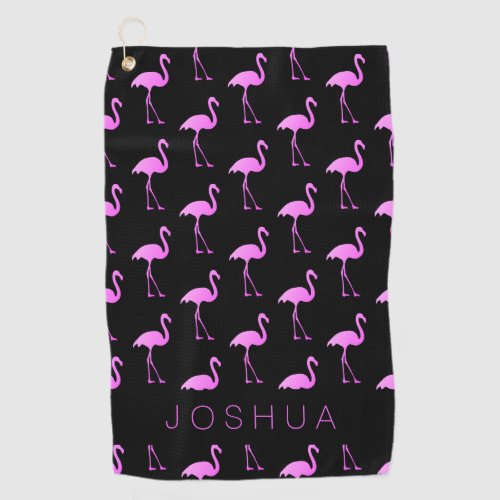 Custom golf towel with neon pink flamingo print